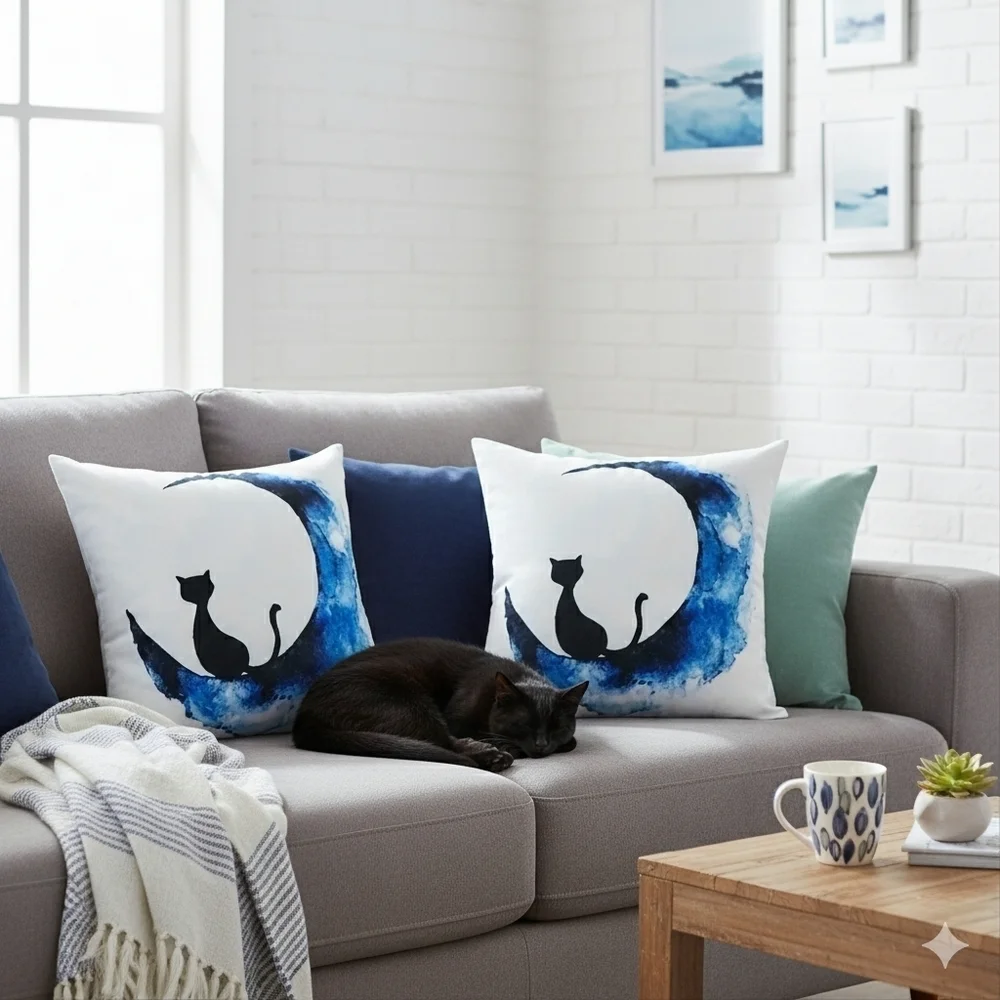 Whimsical Black Cat Moon Cushion Covers 18